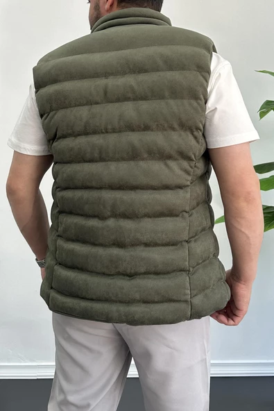 Erkek Slim Fit Fermuarlı Nubuk Yelek Haki Edw088 - 5