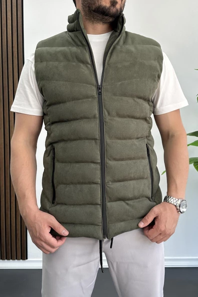Erkek Slim Fit Fermuarlı Nubuk Yelek Haki Edw088 - 2