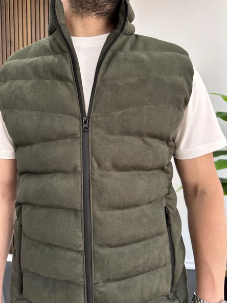 Erkek Slim Fit Fermuarlı Nubuk Yelek Haki Edw088 - 3