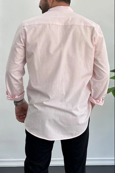 Erkek Slim Fit Keten Görünümlü Pamuklu Gömlek Pembe Edw087 - 3