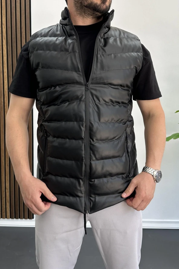 Erkek Slim Fit Fermuarlı Suni Deri Yelek Siyah Edw088 - 2