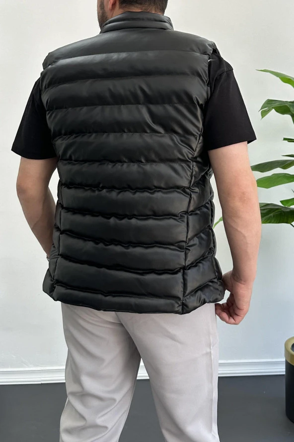 Erkek Slim Fit Fermuarlı Suni Deri Yelek Siyah Edw088 - 3