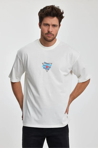 Erkek Oversize %100 Pamuk Üçgen Baskılı T-shirt Ekru Edw043