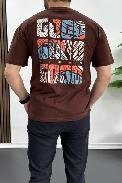 Erkek Oversize %100 Pamuk Good Vibes Sırt Baskılı T-shirt Kahverengi Edw091 - 1