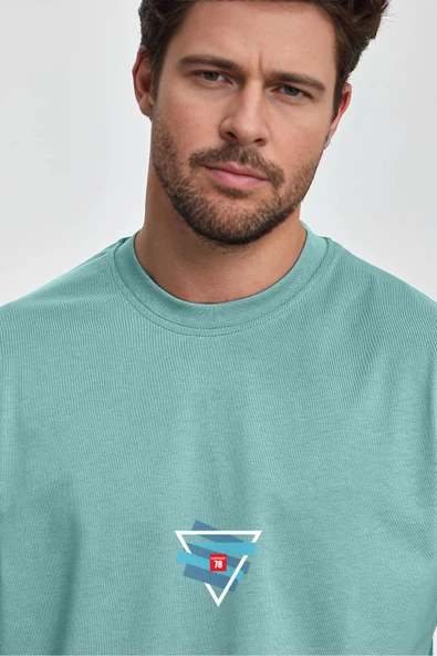 Erkek Oversize %100 Pamuk Üçgen Baskılı T-shirt Yeşil Edw043 - 2