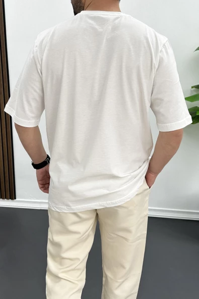 Erkek Oversize Pamuklu Basic T-shirt Ekru Edw089 - 3