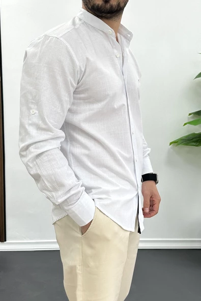 Erkek Slim Fit Keten Görünümlü Pamuklu Gömlek Beyaz Edw087 - 2