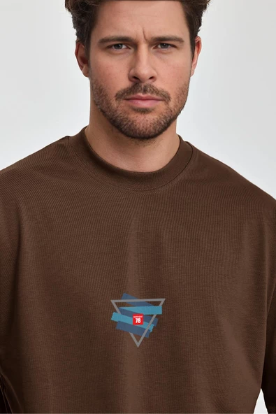 Erkek Oversize %100 Pamuk Üçgen Baskılı T-shirt Kahverengi Edw043 - Resim 2