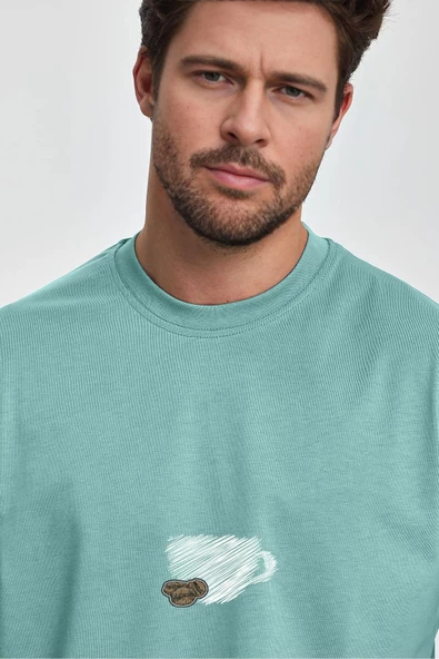 Erkek Oversize %100 Pamuk Bardak Baskılı T-shirt Yeşil Edw042 - 2