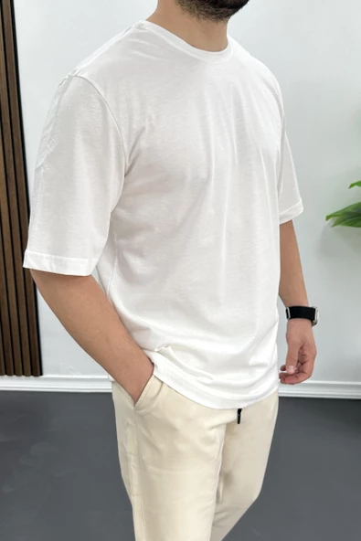 Erkek Oversize Pamuklu Basic T-shirt Ekru Edw089 - 2
