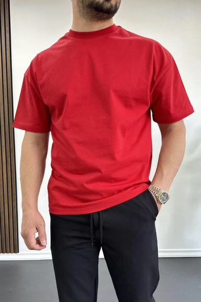 Erkek Oversize %100 Pamuk Original Sırt Baskılı T-shirt Kırmızı Edw092 - Resim 2