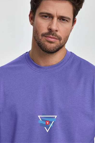 Erkek Oversize %100 Pamuk Üçgen Baskılı T-shirt Mor Edw043 - Resim 2