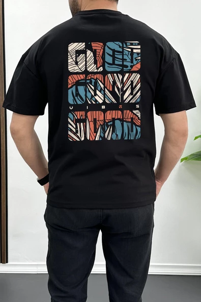 Erkek Oversize %100 Pamuk Good Vibes Sırt Baskılı T-shirt Siyah Edw091 ürün görseli