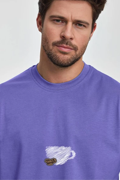 Erkek Oversize %100 Pamuk Bardak Baskılı T-shirt Mor Edw042 - 2