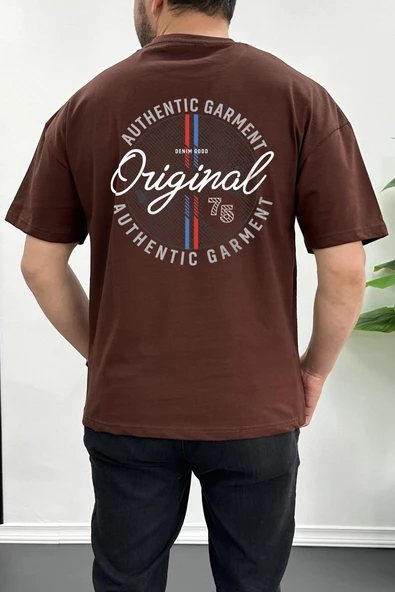 Erkek Oversize %100 Pamuk Original Sırt Baskılı T-shirt Kahverengi Edw092 - 1