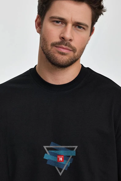 Erkek Oversize %100 Pamuk Üçgen Baskılı T-shirt Siyah Edw043 - 2