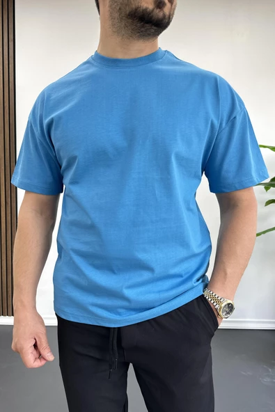 Erkek Oversize %100 Pamuk Good Vibes Sırt Baskılı T-shirt Mavi Edw091 - 2