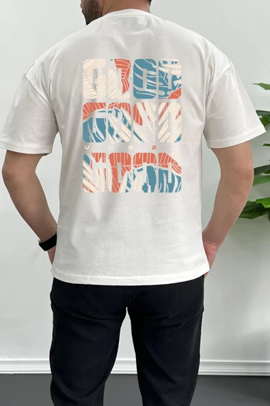 Erkek Oversize %100 Pamuk Good Vibes Sırt Baskılı T-shirt Ekru Edw091 ürün görseli
