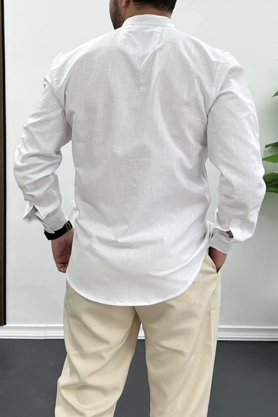 Erkek Slim Fit Keten Görünümlü Pamuklu Gömlek Beyaz Edw087 - 3