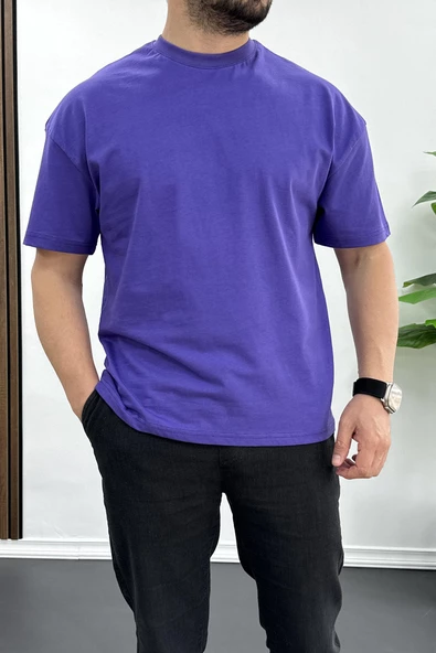Erkek Oversize %100 Pamuk Good Vibes Sırt Baskılı T-shirt Mor Edw091 - 2