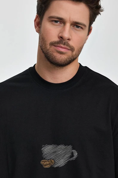 Erkek Oversize %100 Pamuk Bardak Baskılı T-shirt Siyah Edw042 - 2