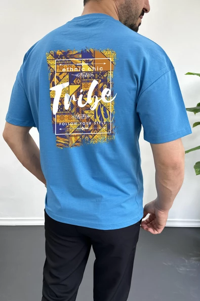 Erkek Oversize %100 Pamuk Tribe Sırt Baskılı T-shirt Mavi Edw094