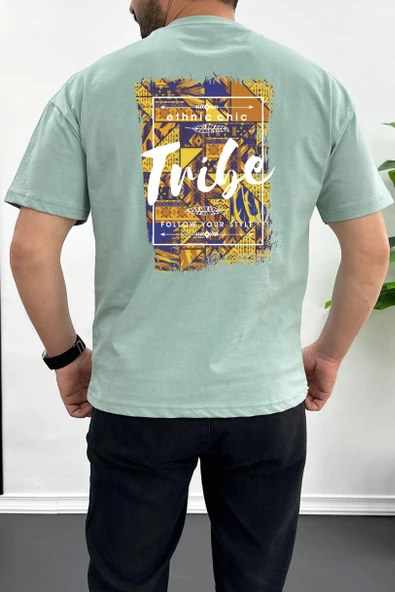 Erkek Oversize %100 Pamuk Tribe Sırt Baskılı T-shirt Yeşil Edw094