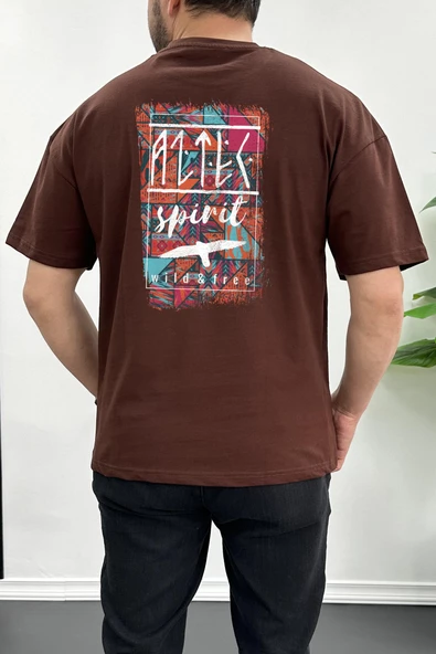 Erkek Oversize %100 Pamuk Spirit Sırt Baskılı T-shirt Kahverengi Edw093 - 1