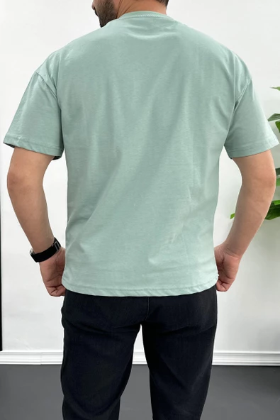 Erkek Oversize %100 Pamuk 87 Baskılı T-shirt Yeşil Edw101 - 2