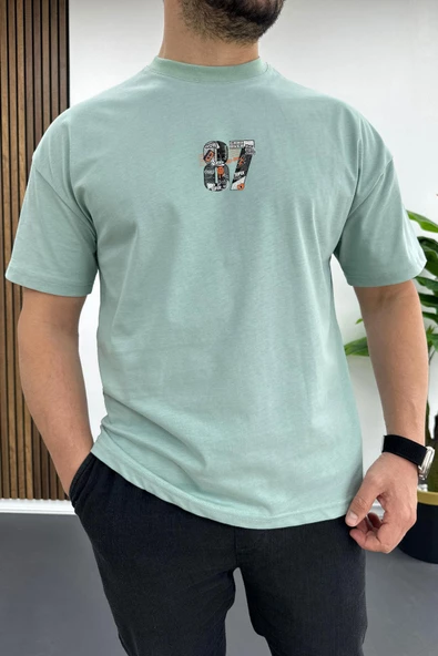 Erkek Oversize %100 Pamuk 87 Baskılı T-shirt Yeşil Edw101 - 1