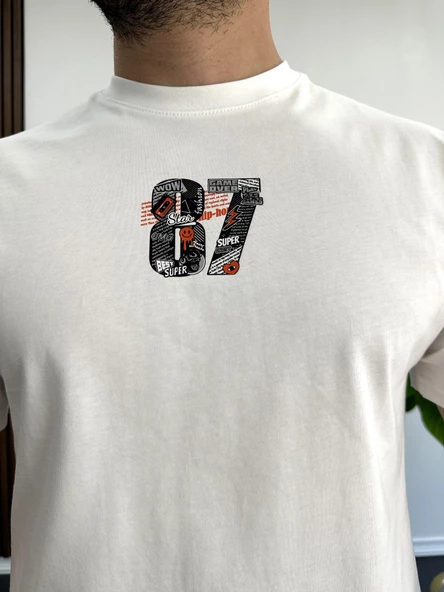 Erkek Oversize %100 Pamuk 87 Baskılı T-shirt Ekru Edw101 - Resim 3