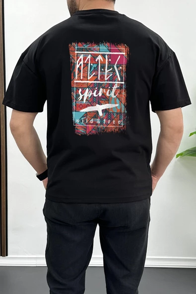 Erkek Oversize %100 Pamuk Spirit Sırt Baskılı T-shirt Siyah Edw093