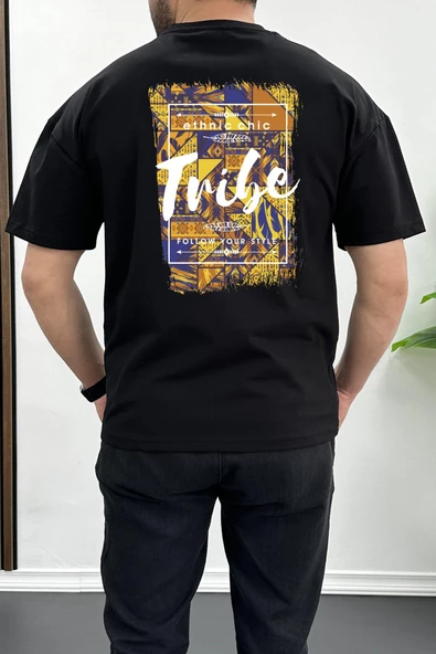 Erkek Oversize %100 Pamuk Tribe Sırt Baskılı T-shirt Siyah Edw094 ürün görseli