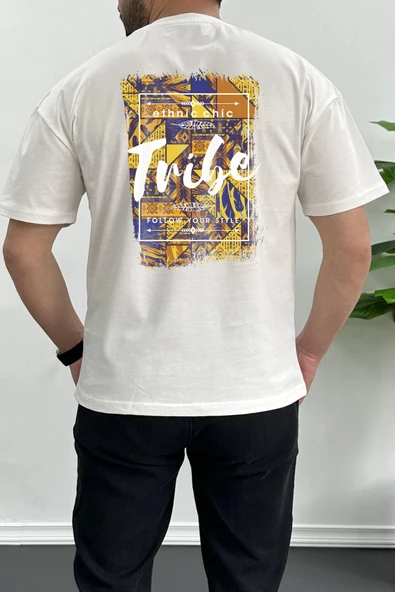 Erkek Oversize %100 Pamuk Tribe Sırt Baskılı T-shirt Ekru Edw094