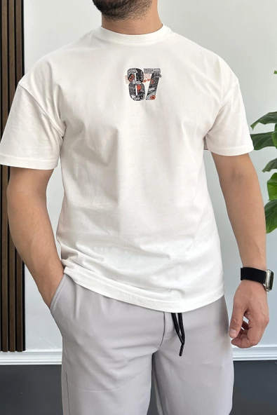 Erkek Oversize %100 Pamuk 87 Baskılı T-shirt Ekru Edw101 ürün görseli