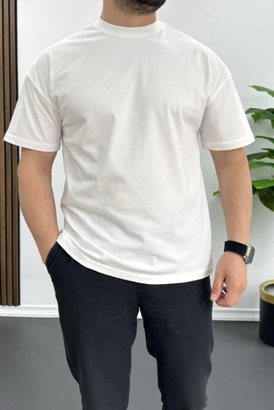 Erkek Oversize %100 Pamuk Spirit Sırt Baskılı T-shirt Ekru Edw093 - 2
