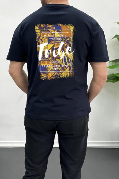 Erkek Oversize %100 Pamuk Tribe Sırt Baskılı T-shirt Lacivert Edw094