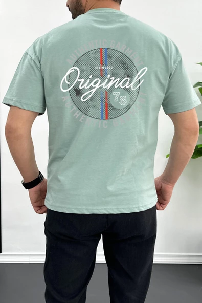 Erkek Oversize %100 Pamuk Original Sırt Baskılı T-shirt Yeşil Edw092