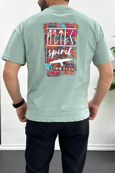 Erkek Oversize %100 Pamuk Spirit Sırt Baskılı T-shirt Yeşil Edw093
