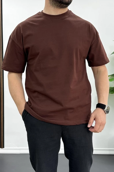 Erkek Oversize %100 Pamuk Spirit Sırt Baskılı T-shirt Kahverengi Edw093 - 2