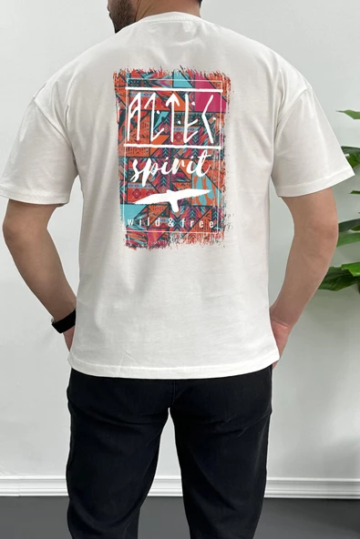 Erkek Oversize %100 Pamuk Spirit Sırt Baskılı T-shirt Ekru Edw093