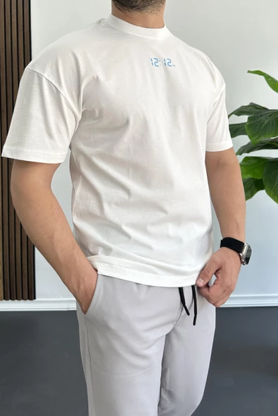Erkek Oversize %100 Pamuk 1212 Baskılı T-shirt Ekru Edw105 - 2