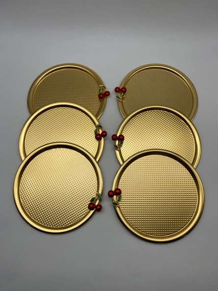 6'lı Kirazlı Yuvarlak Gold Çay ve Kahve Sunum Tepsisi, Dekoratif Servis Tepsisi 22cm Tek Kişilik - 2