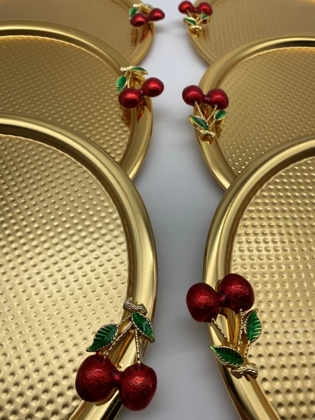 6'lı Kirazlı Yuvarlak Gold Çay ve Kahve Sunum Tepsisi, Dekoratif Servis Tepsisi 22cm Tek Kişilik