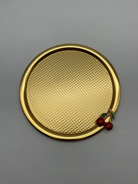 6'lı Kirazlı Yuvarlak Gold Çay ve Kahve Sunum Tepsisi, Dekoratif Servis Tepsisi 22cm Tek Kişilik - 4
