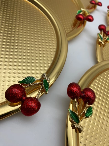 6'lı Kirazlı Yuvarlak Gold Çay ve Kahve Sunum Tepsisi, Dekoratif Servis Tepsisi 22cm Tek Kişilik - 3