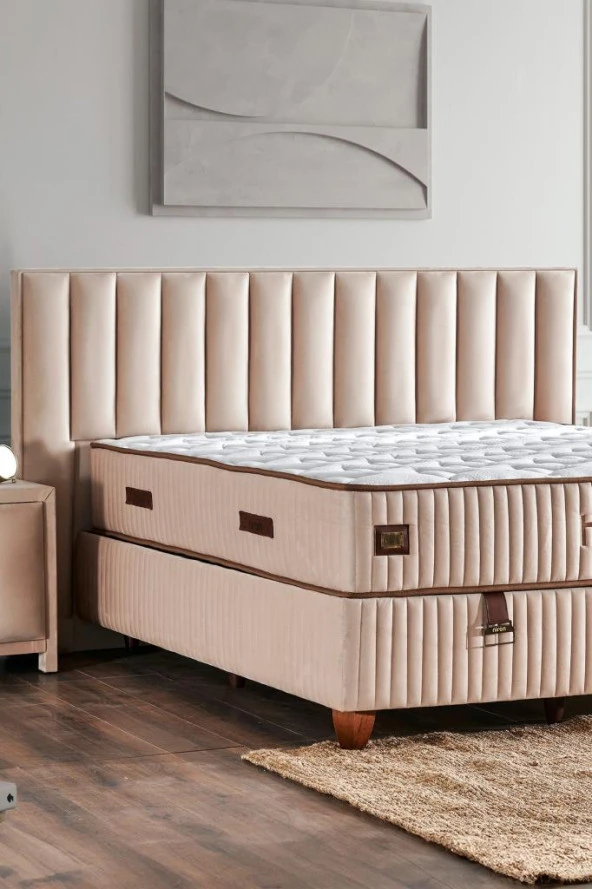 Hades Yatak Baza ve Başlık Seti 140x190 cm Çift Kişilik Paket Yaylı Lüks Yatak Krem Baza Başlık - 9