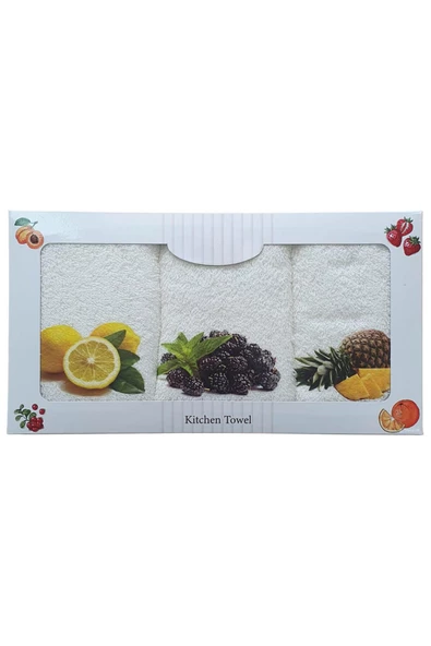 3 lü Meyve Baskılı %100 Pamuklu Mutfak Havlusu 30 x 50 Cm