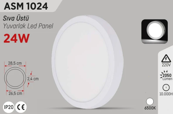 YCL Beyaz 24W Sıva Üstü Yuvarlak Led Panel ASM-1024