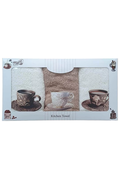 3 lü Kahve Baskılı %100 Pamuklu Mutfak Havlusu 30 x 50 Cm - 3